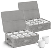 Kukikan mug storage box with dividers holds 24 cups for organized storage.