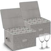 Kukikan wine glass storage box 2-pack with hard shell top protecting stems during moves.