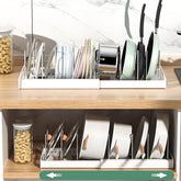 KXSGKRR expandable pot and pan organizer in a spacious cabinet for easy access.