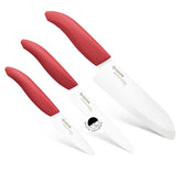KYOCERA 3-piece ceramic knife set with red handles for versatile kitchen prep.