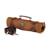 KYOKU knife roll bag front view shows rugged waxed canvas and leather for professional travel
