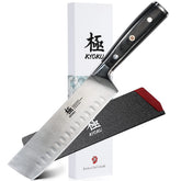 KYOKU Samurai Nakiri seven-inch blade close-up, sharp edge for clean vegetable cuts.