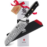 KYOKU Santoku knife with Damascus blade close-up highlighting sharp edge and finish