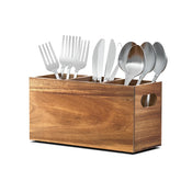 KZLCAKK silverware holder close-up highlighting natural acacia wood texture and durability