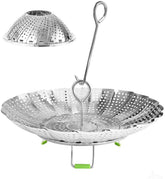 KZNXCVI steamer basket with adjustable sizes fits multiple pots for versatile steaming.