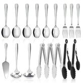 Kzovone 17-piece serving utensils set on table enhances buffet presentation.