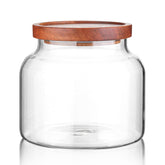Labina 47 oz airtight glass jar with wood lid for pantry storage.