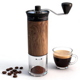 Lamido Mini Manual Coffee Grinder in wood grain, front view, compact for travel espresso.