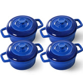 Lareina Mini Cocotte 12oz blue with handles and lid for easy serving and heat retention.