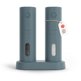 LARS NYSØM electric salt and pepper mills in stone blue grinding spices at the table