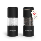 LARS NYSØM Sjæl salt and pepper mill set in carbon black, stylish kitchen pairing.