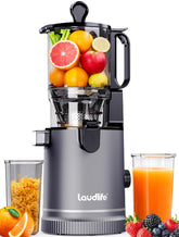 LAUDLIFE ZeroPrep juicer with wide feed chute for whole-fruit juicing and time savings.