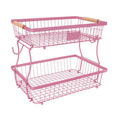 Lawhood-Mijin 2-tier pink fruit basket on countertop displaying fresh fruit and snacks.