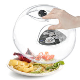 Layron microwave splatter cover shown with guard lid for mess-free reheating