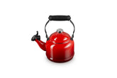 Le Creuset Demi Tea Kettle Cerise front view shows vibrant enamel and fast heating.