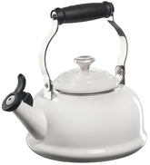 Le Creuset enamel on steel white kettle body for rapid water heating.
