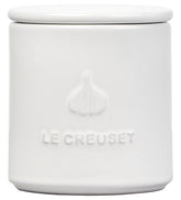 Le Creuset garlic keeper front view on a clean counter for easy access