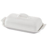Le Creuset Heritage Butter Dish white, front view showing sturdy stoneware for everyday use.