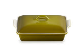 Le Creuset Heritage olive rectangular casserole front view for even browning and stylish serving.
