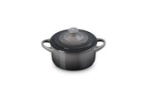 Le Creuset mini round cocotte 14 oz oyster front view, ideal for single portions and elegant plating.
