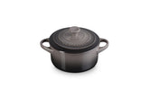 Le Creuset Mini Round Cocotte Oyster glaze close-up with smooth release.