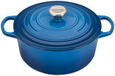 Le Creuset Signature Round Dutch Oven front view shows durable cast iron for even heat.