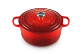 Le Creuset Signature round dutch oven cerise, front view highlighting vibrant heat retention