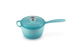 Le Creuset Signature saucepan Caribbean exterior showing heat retention.