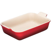Le Creuset Heritage rectangular dish in Cerise, top view highlighting even heating.
