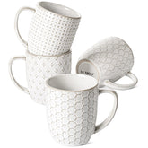 LE TAUCI embossed mug set displaying 12 oz capacity for espresso and latte