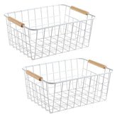LeleCAT white wire basket with wooden handles for versatile pantry organization.