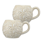 LemonRoad Mexican pottery mugs with beige and white pattern for stylish serving.