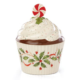 Lenox Holiday Bakeshop cupcake dish front view with holly accents for festive hosting.