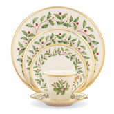 Lenox Holiday dinner plate with holly motif and 24K gold rim for festive dining.