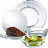 Le'raze 12pc glass dinnerware set: dinner plates on table, dishwasher-safe and elegant.