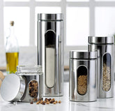 Le'raze four-piece stainless canister set with window for easy ingredient visibility.