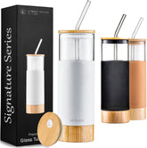 Le'raze premium 20oz glass tumbler with bamboo lid for everyday, eco-friendly hydration.