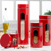Le'raze red stainless steel canister set with glass window for quick content check and refreshed counter appeal.