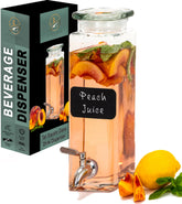 Le'raze square glass dispenser with 80oz capacity and leakproof spigot for parties.