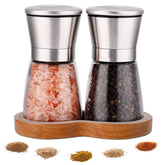LessMo salt and pepper grinders on wooden standing tray for elegant counter display.
