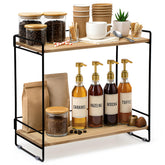 LIBKEN coffee bar rack front view with two-tier shelves and black frame for organized coffee station.
