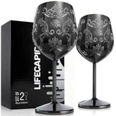 Lifecapido stainless steel wine glass with 18oz capacity and engraved baroque pattern.