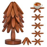 LIFETOWE wooden tree trivet set front view with five coasters and stand for easy storage.