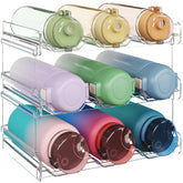 Lifewit stackable bottle organizer on cabinet and fridge shelves for easy access.