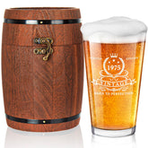 Lighten Life 1975 pint glass inside a wooden barrel box for a memorable 50th gift.