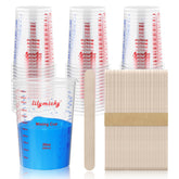 Lilymicky 50-pack plastic mixing cups with clear measurements for precise mixing.