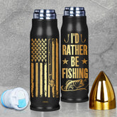 Limima I'd Rather Be Fishing tumbler front view keeps drinks hot or cold on fishing trips.