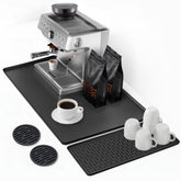 Linda's Essentials silicone coffee mat 24x16 setup keeps counter organized and protected.