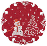 Linens, Art and Things silver-star-topped trees on red linen doily, perfect for a festive table centerpiece.