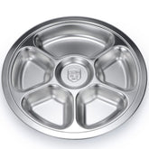 Litewoo stainless steel round divided plate top view showing six compartments for organized meals